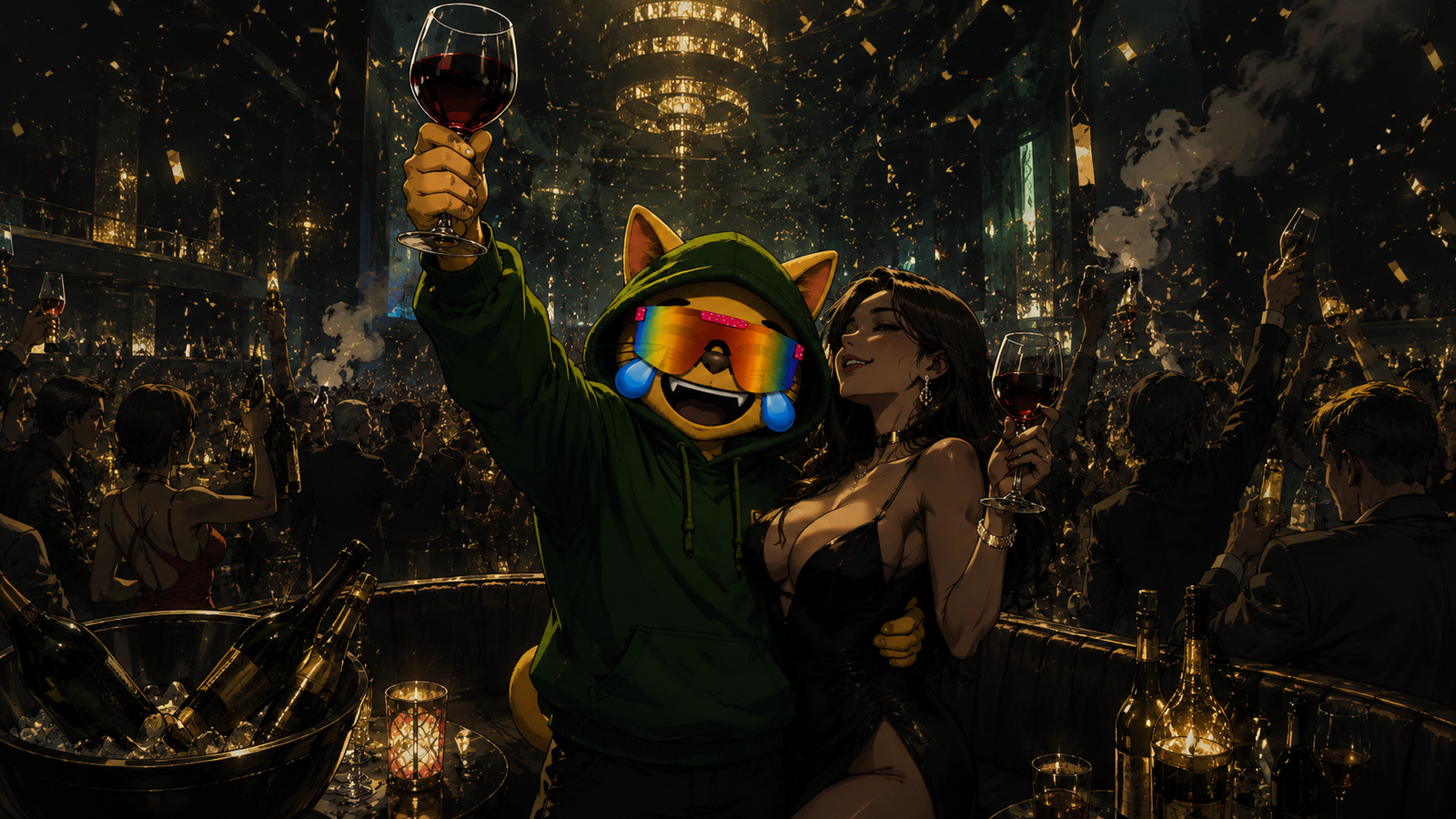 Mog in Hood celebrating at a party