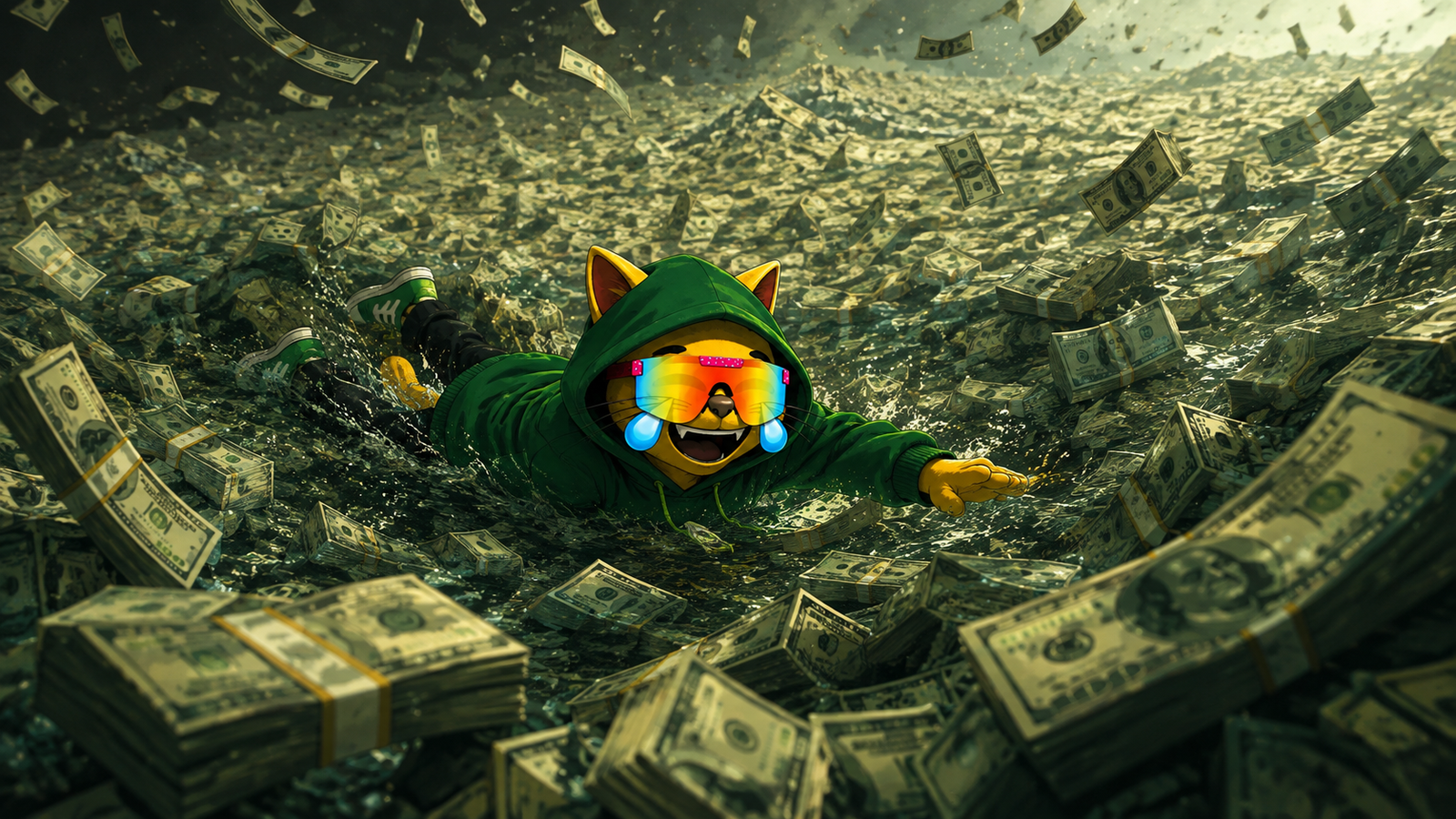 Mog swimming through a wave of money