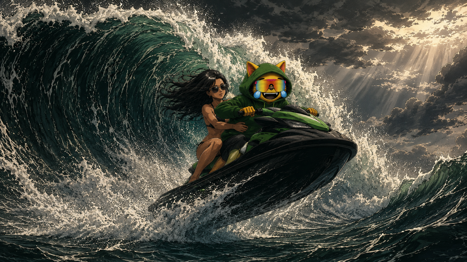 Mog riding through a huge ocean wave