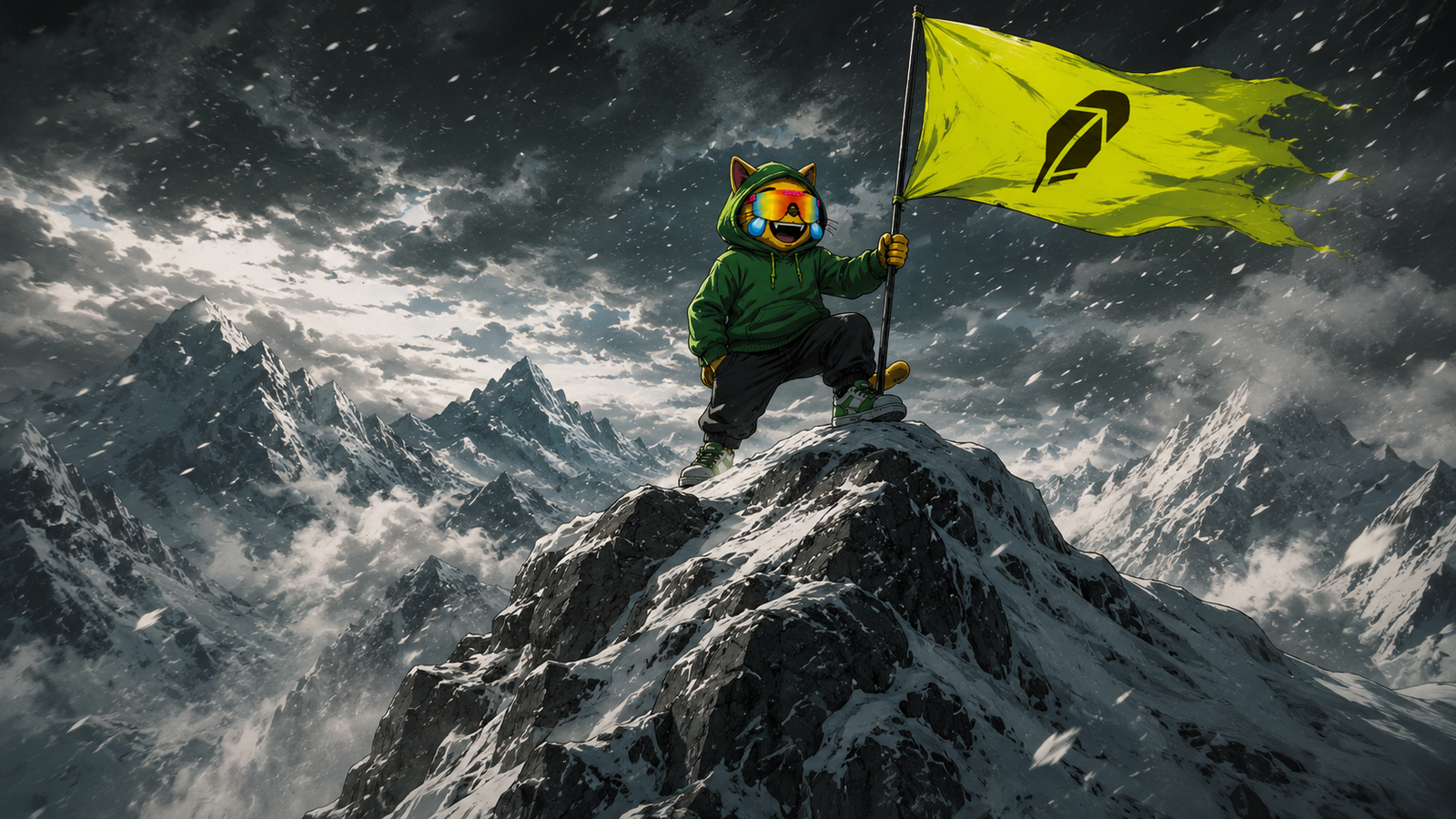 Mog holding a yellow flag on a mountain