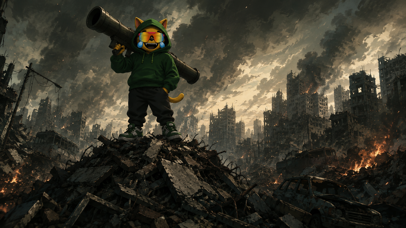 Mog standing over a ruined city