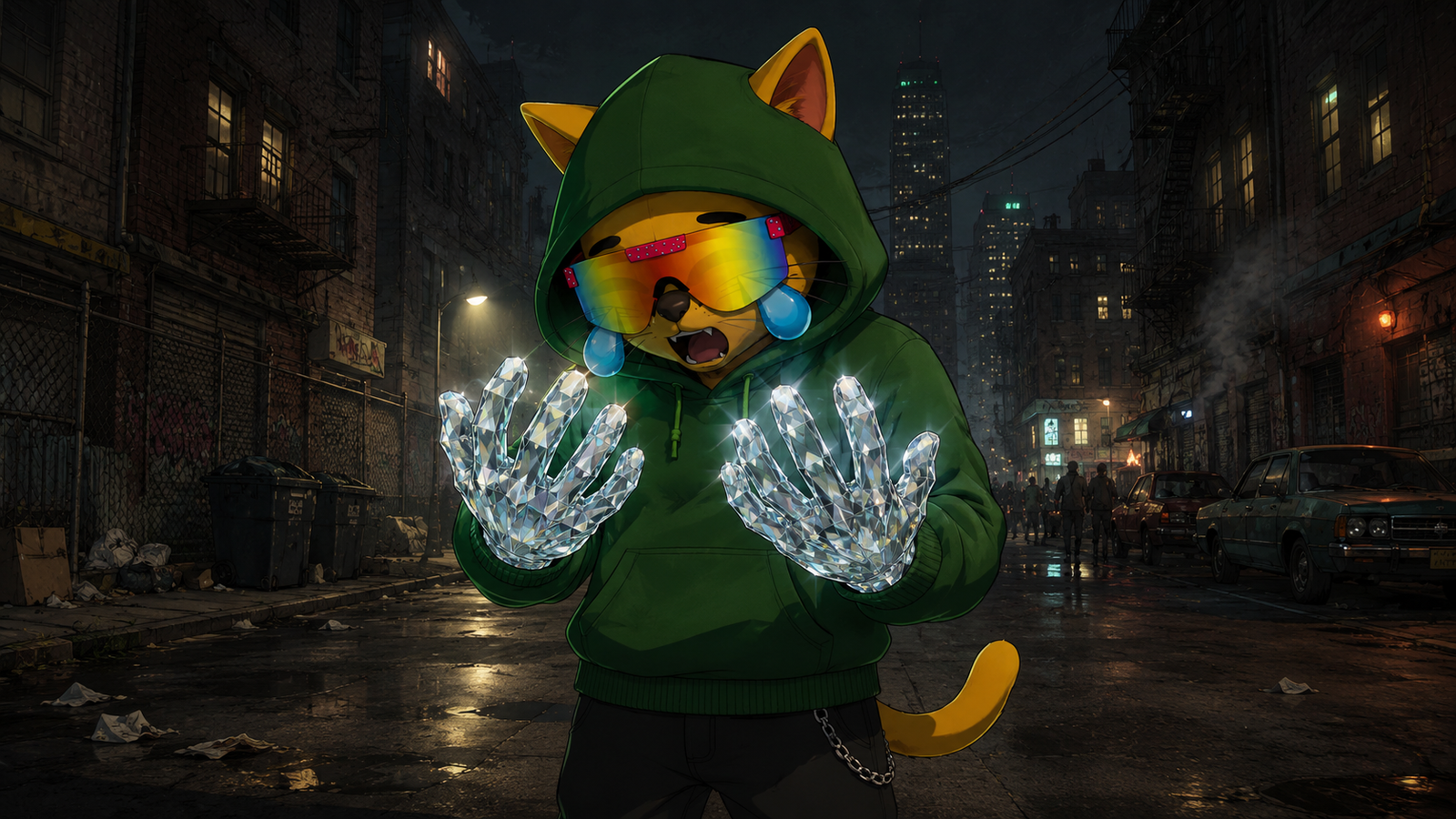 Mog showing diamond hands in the city