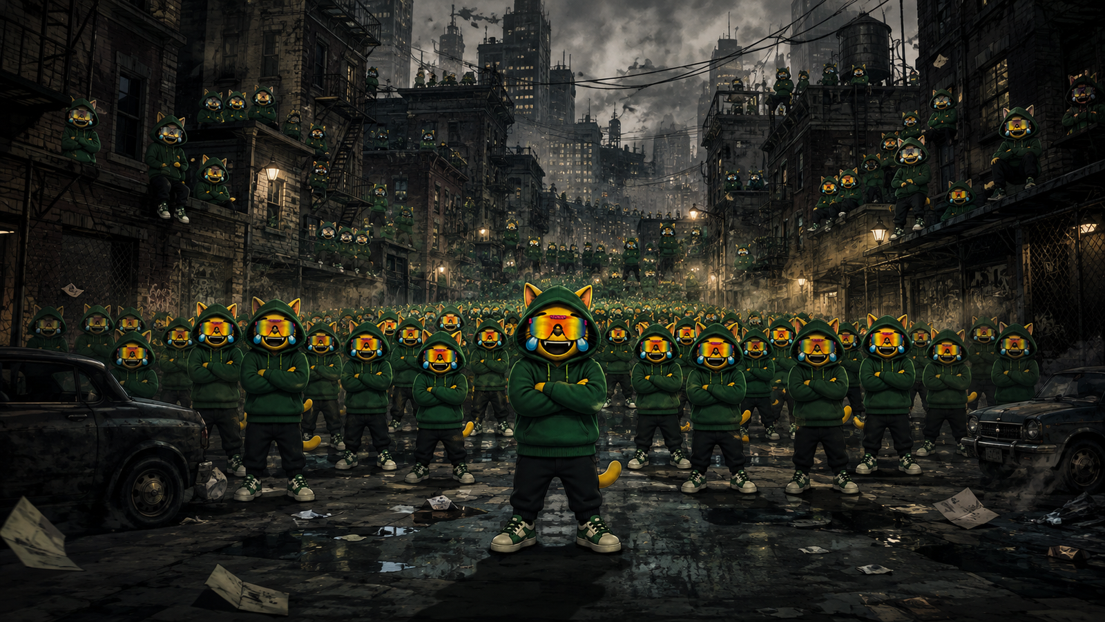 A crowd of Mog in Hood characters in the street